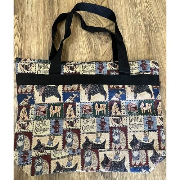 Vintage Faithful Companion Dog Print Tapestry Tote Bag Shoulder Scottish Terrier - Picture 3 of 5